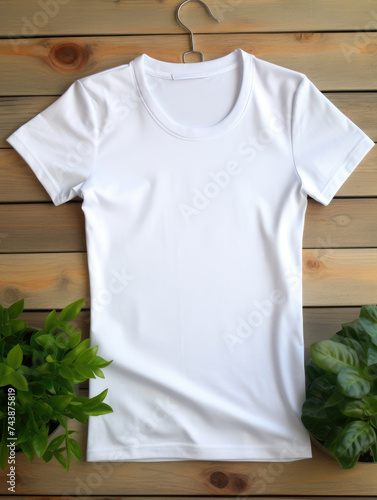 White cotton boat neck women's t-shirt mockup on a hanger on a wooden wall background with plants created with Generative AI Technology