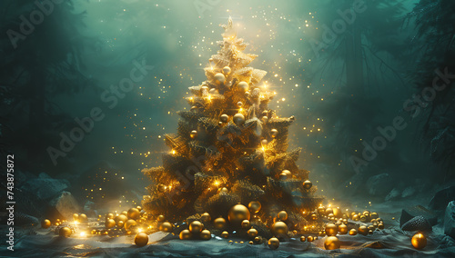 a large christmas tree surrounded by glowing ornament