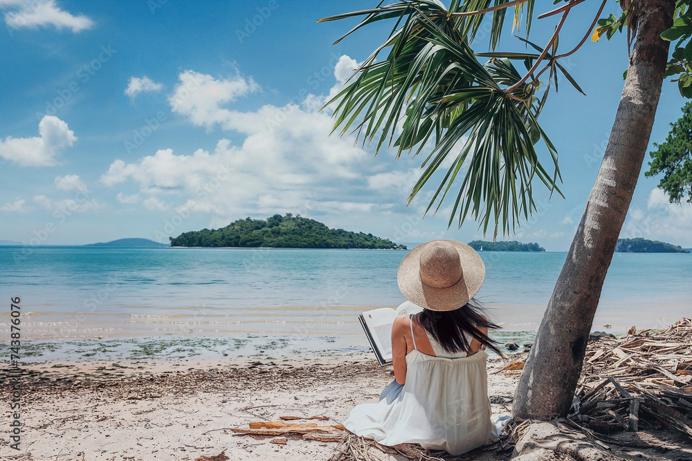 Woman Reading on Tropical Beach