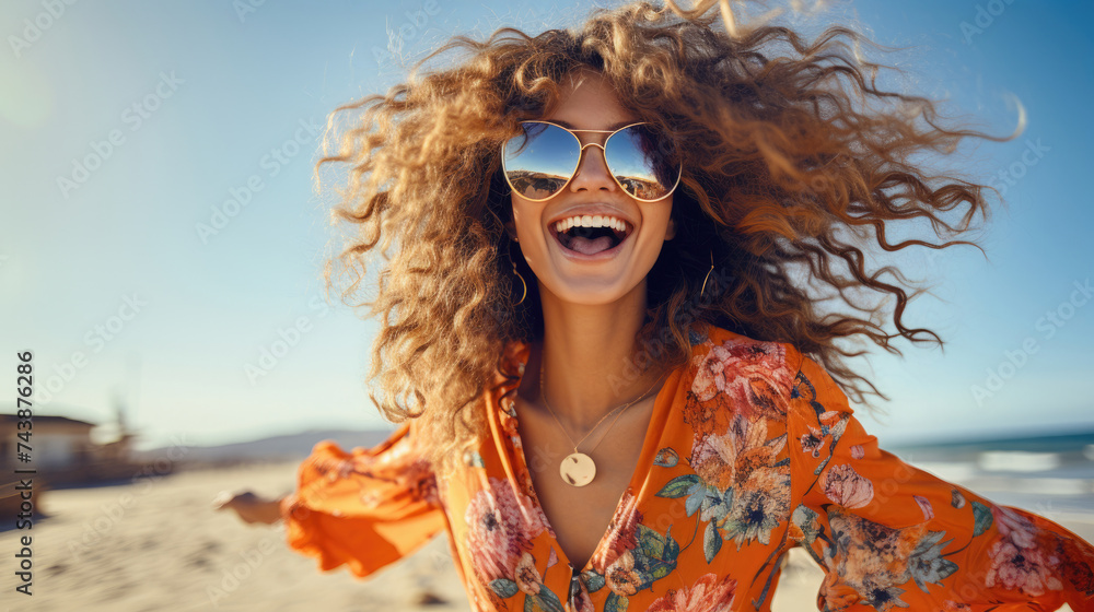 Happy smiling woman on beach with wavy hair wearing dark orange aquamarine floral patterned shirt and stylish sunglasses with dynamic optimistic attitude created with Generative AI Technology  - obrazy, fototapety, plakaty 
