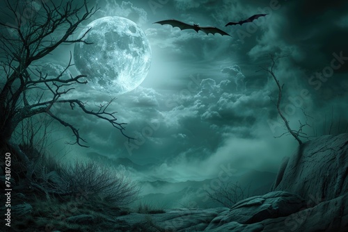 Moon In Spooky Night Halloween Background With Clouds And Bats