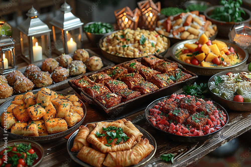 abundance of food and sweets prepared for the Eid Mubarak feast such as biryani, kebabs, samosas, and desserts like baklava and kunafa