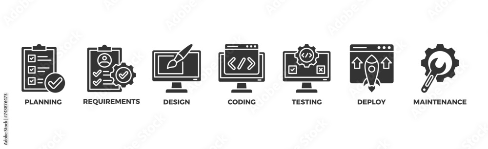 Software development life cycle banner web icon vector illustration concept of sdlc with icon of planning, requirements, design, coding, testing, deploy and maintenance Software development life cycle banner web icon vector illustration concept of sdlc with icon of planning, requirements, design, coding, testing, deploy and maintenance