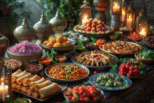 abundance of food and sweets prepared for the Eid Mubarak feast such as biryani, kebabs, samosas, and desserts like baklava and kunafa photo