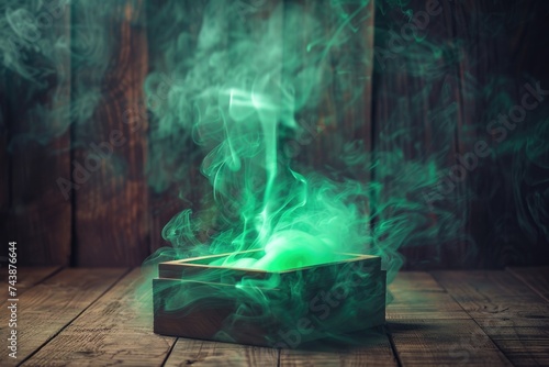 open pandoras box with green smoke on a wooden background high contrast image