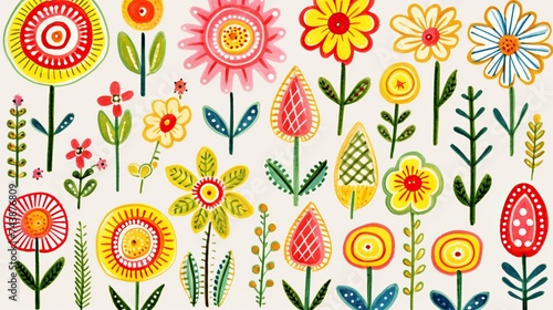 A vibrant painting of a diverse array of flowers in full bloom against a pristine white background