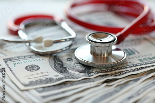 A concept of healthcare costs shown with a stethoscope lying on a stack of dollar bills, indicating medical expenses.