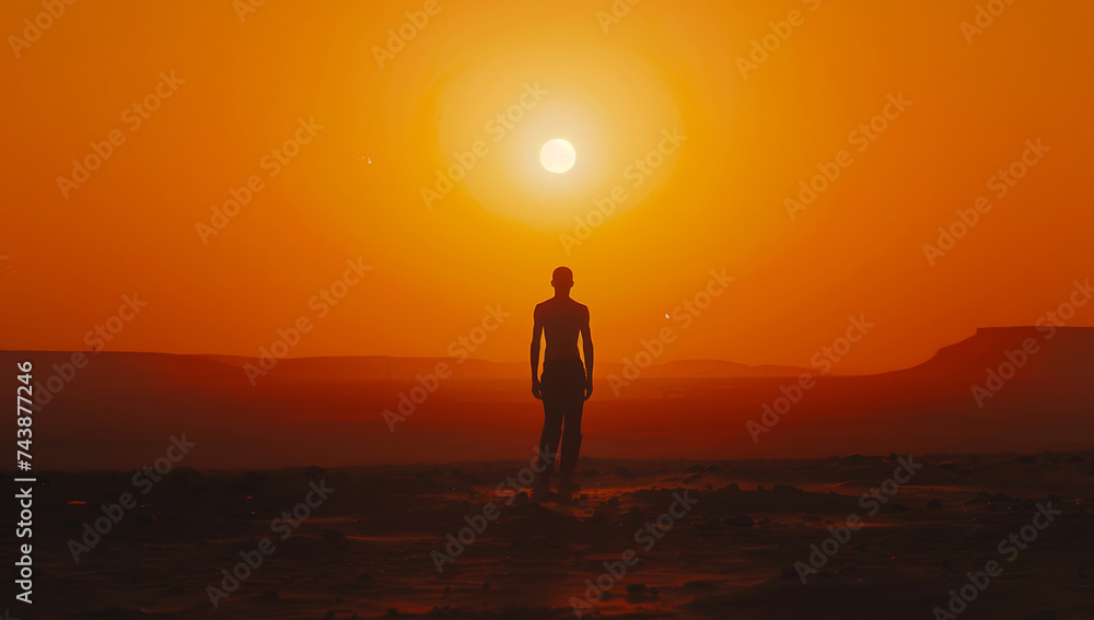 a man is silhouetted by the sun at sunset in the styl