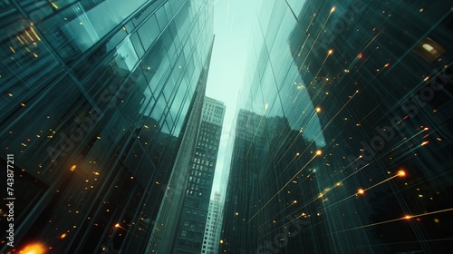 "Futuristic double exposure image merging a sleek office building with digital binary code streams. 8k