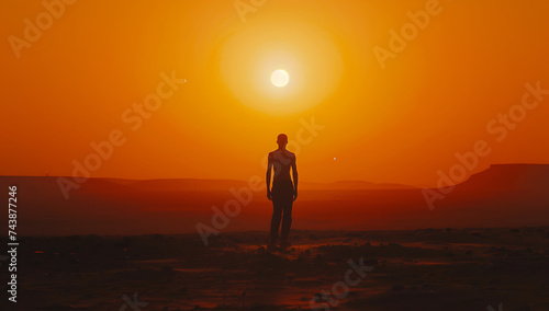 a man is silhouetted by the sun at sunset in the styl © silverdolpine2