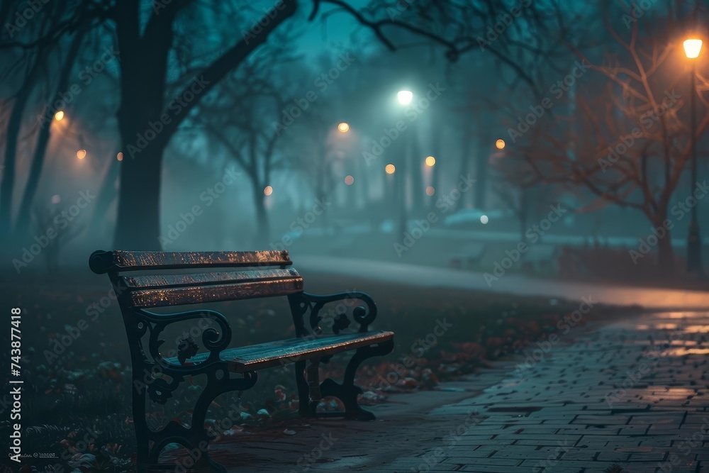 Mystical evening park scene with fog and a vintage wooden bench