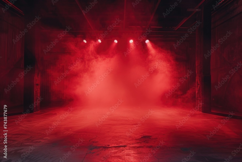 Dark stage with red background  neon lights  concrete floor.