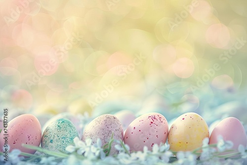 Pastel-colored easter eggs arranged artistically against a soft Springtime background Celebrating renewal and joy