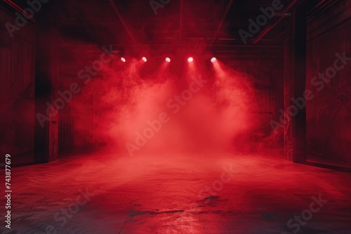 Dark stage with red background neon lights concrete floor.