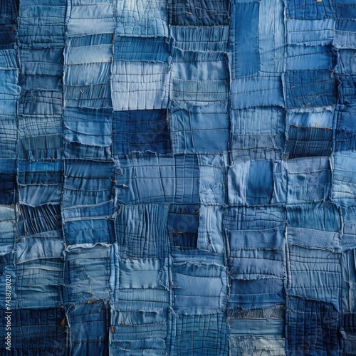 A piece of blue fabric intricately designed with a pattern of squares and lines, creating a captivating visual puzzle