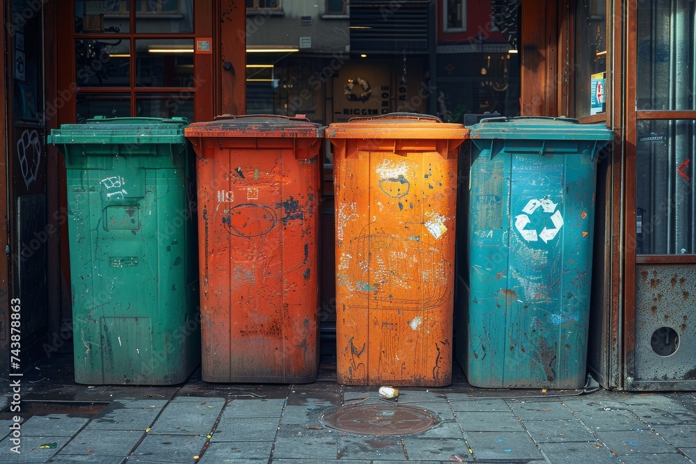 A row of battered garbage cans lines the outdoor street, their battered containers overflowing