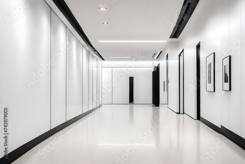 A minimalist corridor with smooth  white walls  subtle lighting  and a single  striking black and white photograph