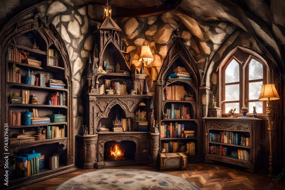 Enchanting castle corner with a castle-shaped bookshelf and royal-themed decor.