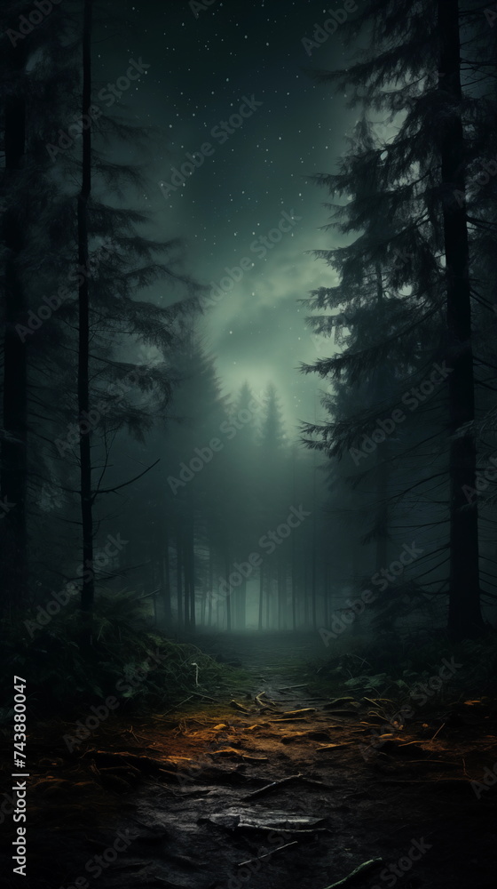 Fototapeta premium dark forest with thic fog wallpaper and background, mysterious misty forest with dark atmosphere