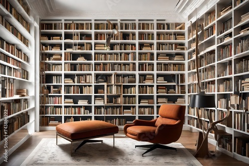 Contemporary home library with floor-to-ceiling bookshelves and a comfortable reading chair.