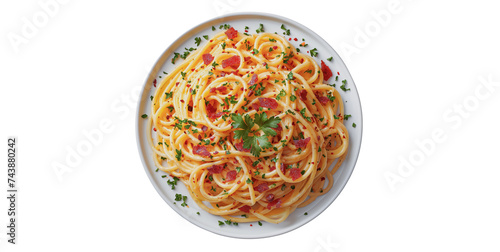 Spaghetti carbonara, food arranged on a plate, top view, white background