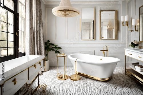An elegant bathroom with a freestanding bathtub, herringbone tile floors, and brass fixtures