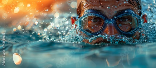 Immersed in the cool depths of the pool, a swimmer glides effortlessly through the water, protected by their trusty goggles
