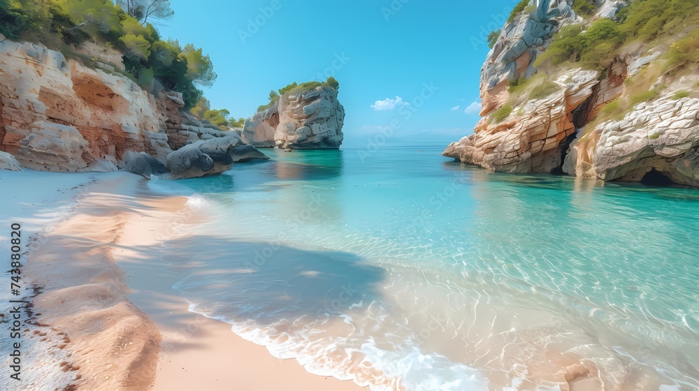 A secluded beach hidden away by towering cliffs, with soft golden sand and crystal-clear water lapping gently at the shore