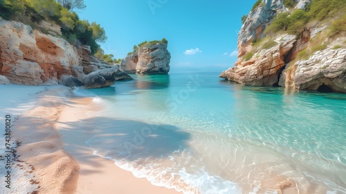 A secluded beach hidden away by towering cliffs, with soft golden sand and crystal-clear water lapping gently at the shore