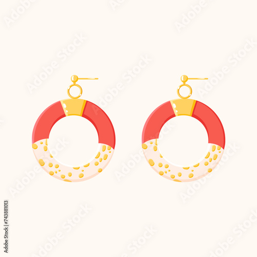 Round dangle gold earrings isolated on white background. Golden Woman Expensive luxury accessories. Flat vector illustration