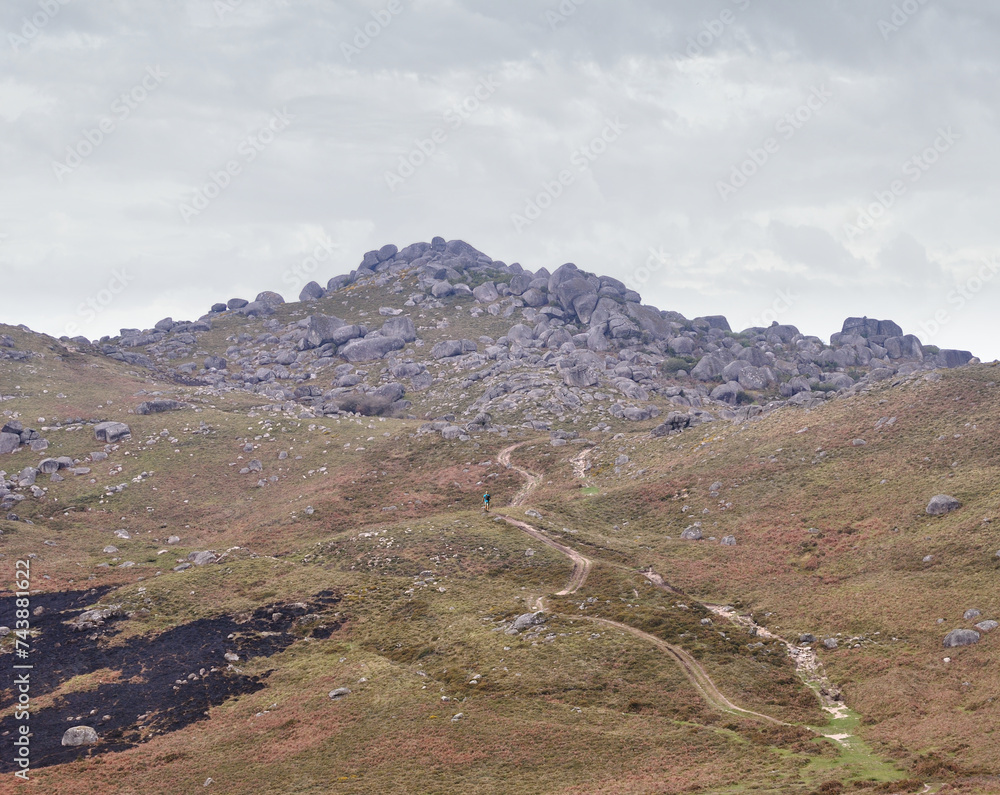 Fototapeta premium Paisagem de montanha portuguesa, Gerês, com um trilho e uma pessoa a caminhar, zona queimada de fogo florestal