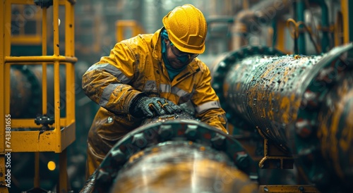 A dedicated bluecollar worker donning a yellow hard hat and gloves carefully engineers the large pipe in the outdoor industrial setting, showcasing his commitment and skill in his workwear