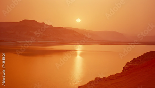 a sun is setting across a large body of water in the 