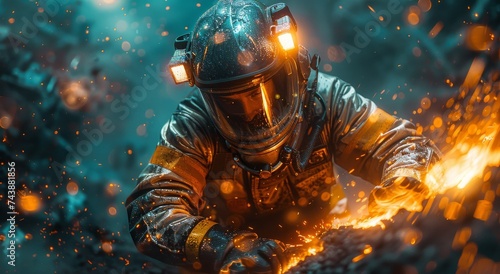 A brave firefighter battles flames amidst a shower of fiery sparks, risking everything to protect their community