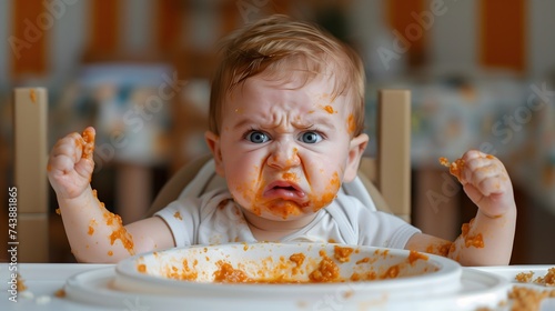 Cute little baby boy sitting in high chair all stained with porridge, making funny faces and stretching while refusing to eat