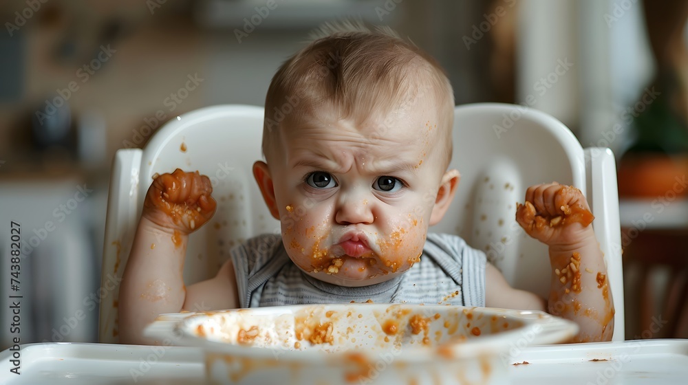 Cute little baby boy sitting in high chair all stained with porridge, making funny faces and stretching while refusing to eat Cute little baby boy sitting in high chair all stained with porridge, making funny faces and stretching while refusing to eat
