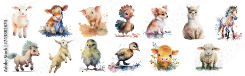 Adorable Watercolor Illustrations of Various Baby Farm Animals, Artistic and Colorful Depictions for Children’s Books