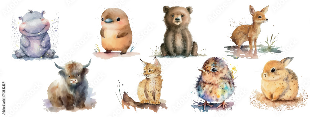 Watercolor Collection of Adorable Baby Animals Including a Hippo, Bird, Bear, Deer, Yak, Cat, and Rabbit - Perfect for Nursery Decor and Children’s