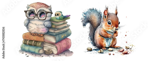 Adorable Owl with Glasses on Books and Cute Squirrel with Nuts, Hand-Drawn Watercolor Illustration for Children’s Literature