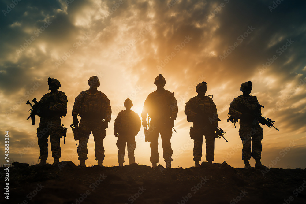 Armed and strong soldiers of special forces fighting against aggressors on sunset background made with generative AI Armed and strong soldiers of special forces fighting against aggressors on sunset background made with generative AI