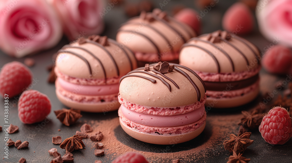 Raspberry vanilla ganache macarons with pink spring rose blossoms and anis seed decor. Confectionery add wallpaper or website landing page idea. Raspberry vanilla ganache macarons with pink spring rose blossoms and anis seed decor. Confectionery add wallpaper or website landing page idea.