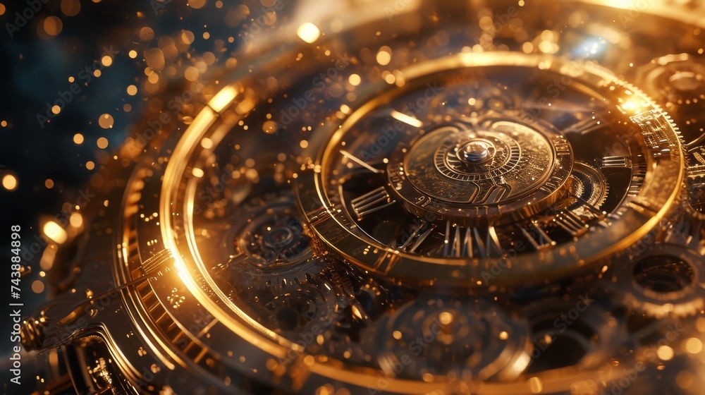 Close up of golden clock face. Time concept