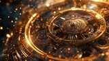 Close up of golden clock face. Time concept