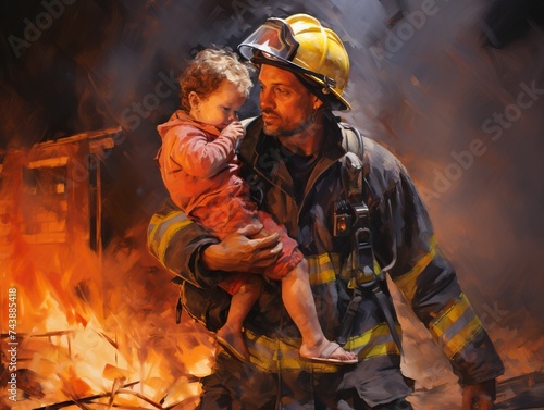 Brave fireman rescuing child from raging house fire with determination and heroism