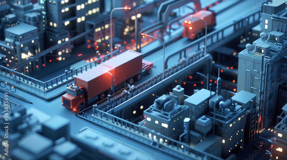 A 3D animated visualization of a complex supply chain seamlessly operating in a bustling urban backdrop background