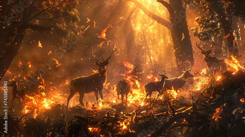 A group of majestic wild animals surrounded by a blazing fire in the heart of a lush forest