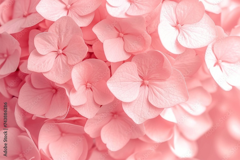 Delicate natural floral background in light pink pastel colors. Hydrangea flowers in nature close-up with soft focus. generative ai.