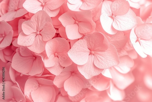 Delicate natural floral background in light pink pastel colors. Hydrangea flowers in nature close-up with soft focus. generative ai.