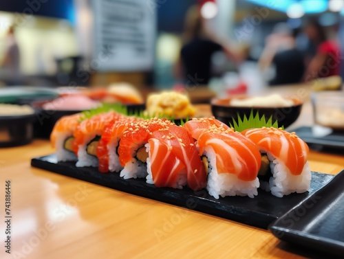 Assorted sushi set arranged on a table in a stylish restaurant setting