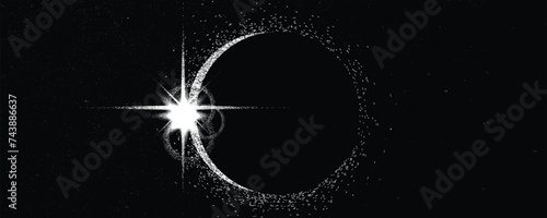 Solar eclipse .Star and moon in space. Futuristic landscape, with noise texture . Night landscape .Vector illustration